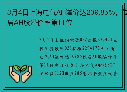3月4日上海电气AH溢价达209.85%，位居AH股溢价率第11位