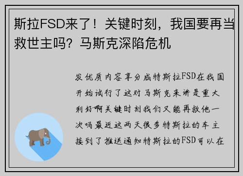 斯拉FSD来了！关键时刻，我国要再当救世主吗？马斯克深陷危机