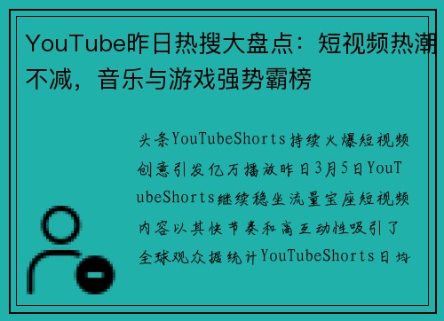 YouTube昨日热搜大盘点：短视频热潮不减，音乐与游戏强势霸榜