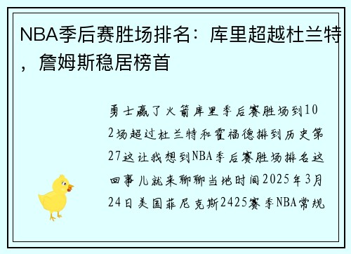 NBA季后赛胜场排名：库里超越杜兰特，詹姆斯稳居榜首